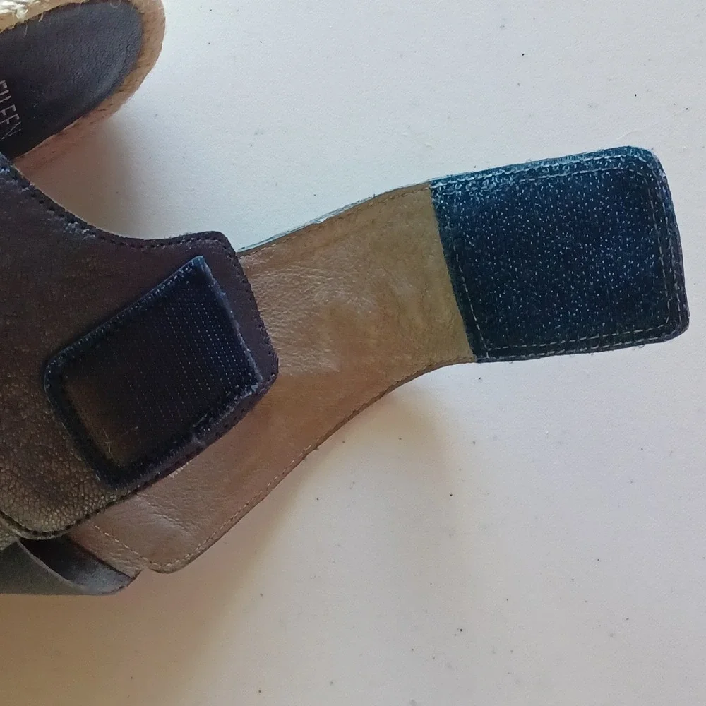 Eileen Fisher Slate Blue Leather Espadrille Wedge Sandals Women 11 Platform NWOT